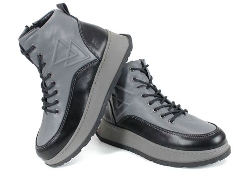 Дамски спортни боти Linea Nova от естествена кожа, комбинация от сиво и черно, с високо ходило и цип за удобно обуване.