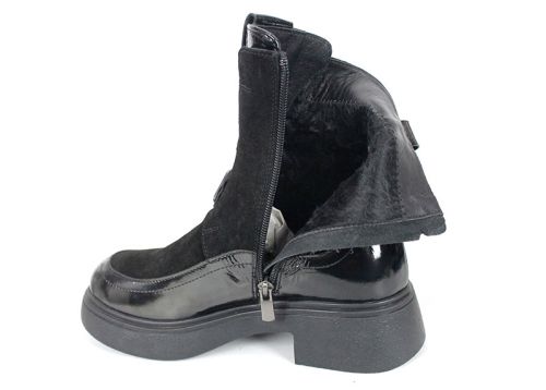 дамски боти Velura Nera от естествен велур и лак в черно с ластик отпред, страничен цип и олекотено ходило