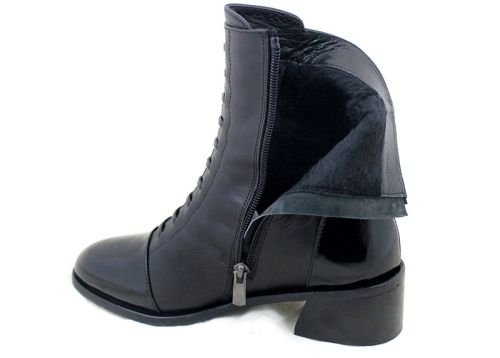 дамски елегантни боти Nera Alta от естествена кожа с черен лак и стабилен ток