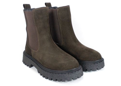 дамски боти Челси Terra Velluto от естествен кафяв велур с дебело равно ходило