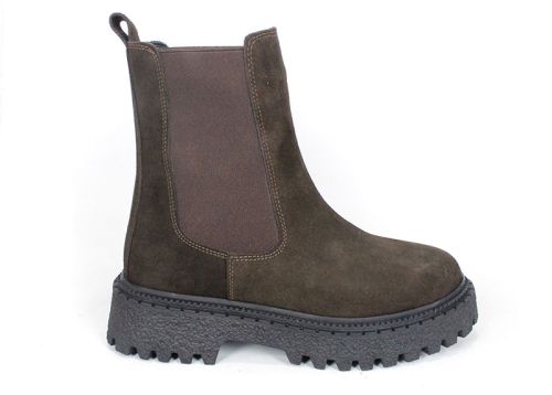 дамски боти Челси Terra Velluto от естествен кафяв велур с дебело равно ходило