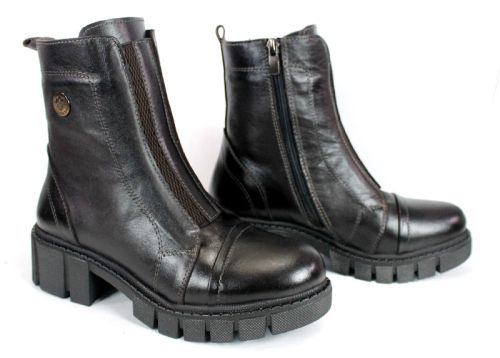 дамски боти Vellura Scuro от естествена кожа в тъмно кафяв цвят със състарен ефект, широк ластик и страничен цип