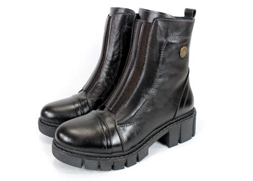 дамски боти Vellura Scuro от естествена кожа в тъмно кафяв цвят със състарен ефект, широк ластик и страничен цип