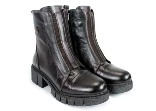 дамски боти Vellura Scuro от естествена кожа в тъмно кафяв цвят със състарен ефект, широк ластик и страничен цип