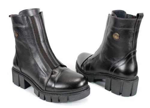 дамски боти Vellura Scuro от естествена кожа в тъмно кафяв цвят със състарен ефект, широк ластик и страничен цип