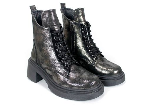 дамски боти Argenta Luna от естествена кожа с черно-сребрист металически ефект, с връзки и цип, ток и зимно ходило