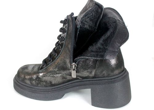 дамски боти Argenta Luna от естествена кожа с черно-сребрист металически ефект, с връзки и цип, ток и зимно ходило