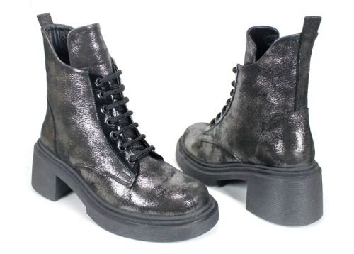 дамски боти Argenta Luna от естествена кожа с черно-сребрист металически ефект, с връзки и цип, ток и зимно ходило