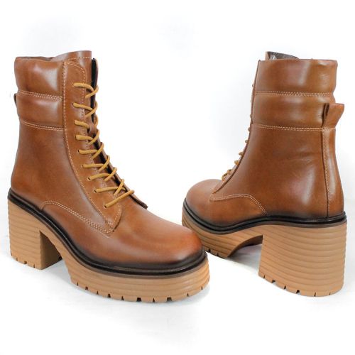 дамски кубинки Bruna Forte от естествена кожа в светло кафяв цвят, с връзки и цип, ток и платформа