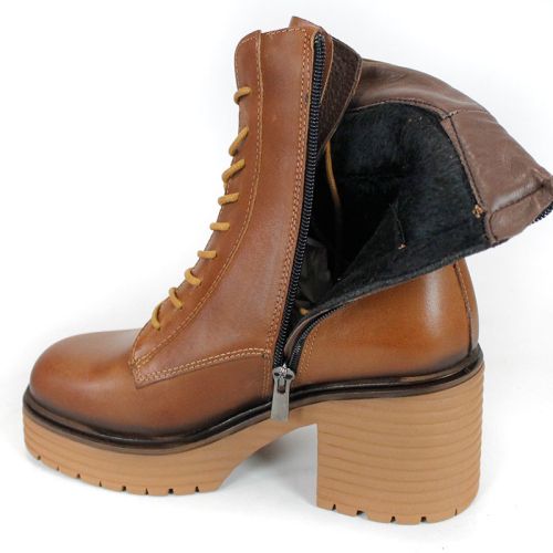 дамски кубинки Bruna Forte от естествена кожа в светло кафяв цвят, с връзки и цип, ток и платформа