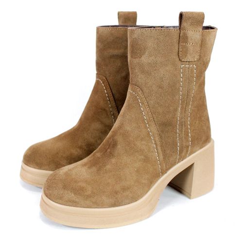 дамски боти Tierra Viva от естествен велур в цвят тютюн с висок ток, платформа и топъл плюшен хастар