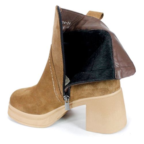 дамски боти Tierra Viva от естествен велур в цвят тютюн с висок ток, платформа и топъл плюшен хастар