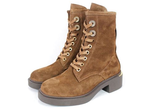 дамски кубинки Dolce Fumo от естествен велур в цвят тютюн с дебело зимно ходило