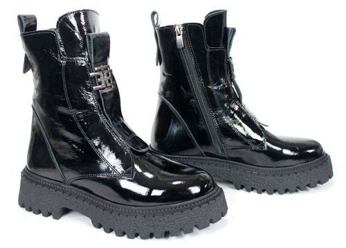 дамски боти Nero Flare естествен лак черни без връзки с ластик и зимно ходило