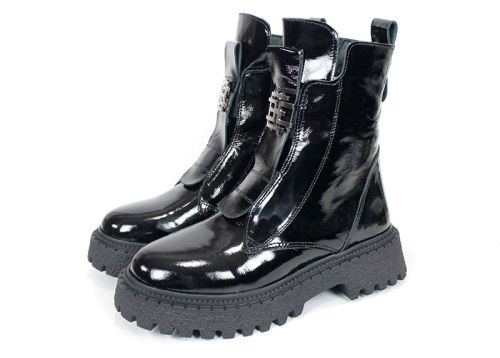 дамски боти Nero Flare естествен лак черни без връзки с ластик и зимно ходило