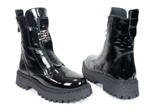 дамски боти Nero Flare естествен лак черни без връзки с ластик и зимно ходило