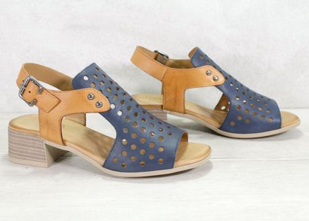 Дамски сандали на нисък ток в тъмно син и светло кафяв цвят - Модел Карина.