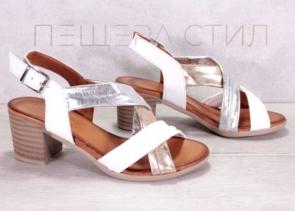 Дамски сандали на ток от естествена кожа трицветни - модел Мелания