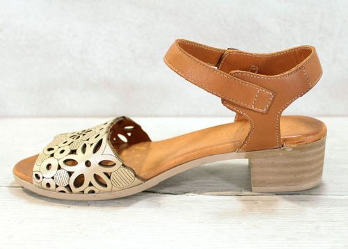 Дамски сандали на нисък ток от естествена кожа в кафяво и златисто - модел Джанис