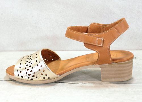 Дамски сандали на нисък ток от естествена кожа в кафяво и златисто - модел Джоан