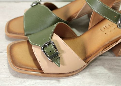 Дамски сандали на ток от естествена кожа в зелено и визон - модел Джаки