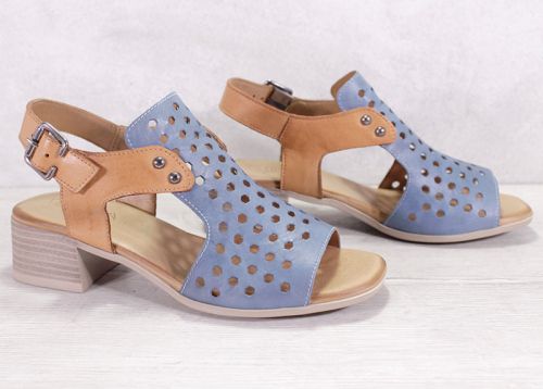 Дамски сандали на нисък ток от естествена кожа в дънково синьо и светло кафяво - Модел Карина.