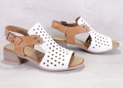 Sandale de dama cu toc mic din piele naturala in alb si maro deschis - Model Karina.